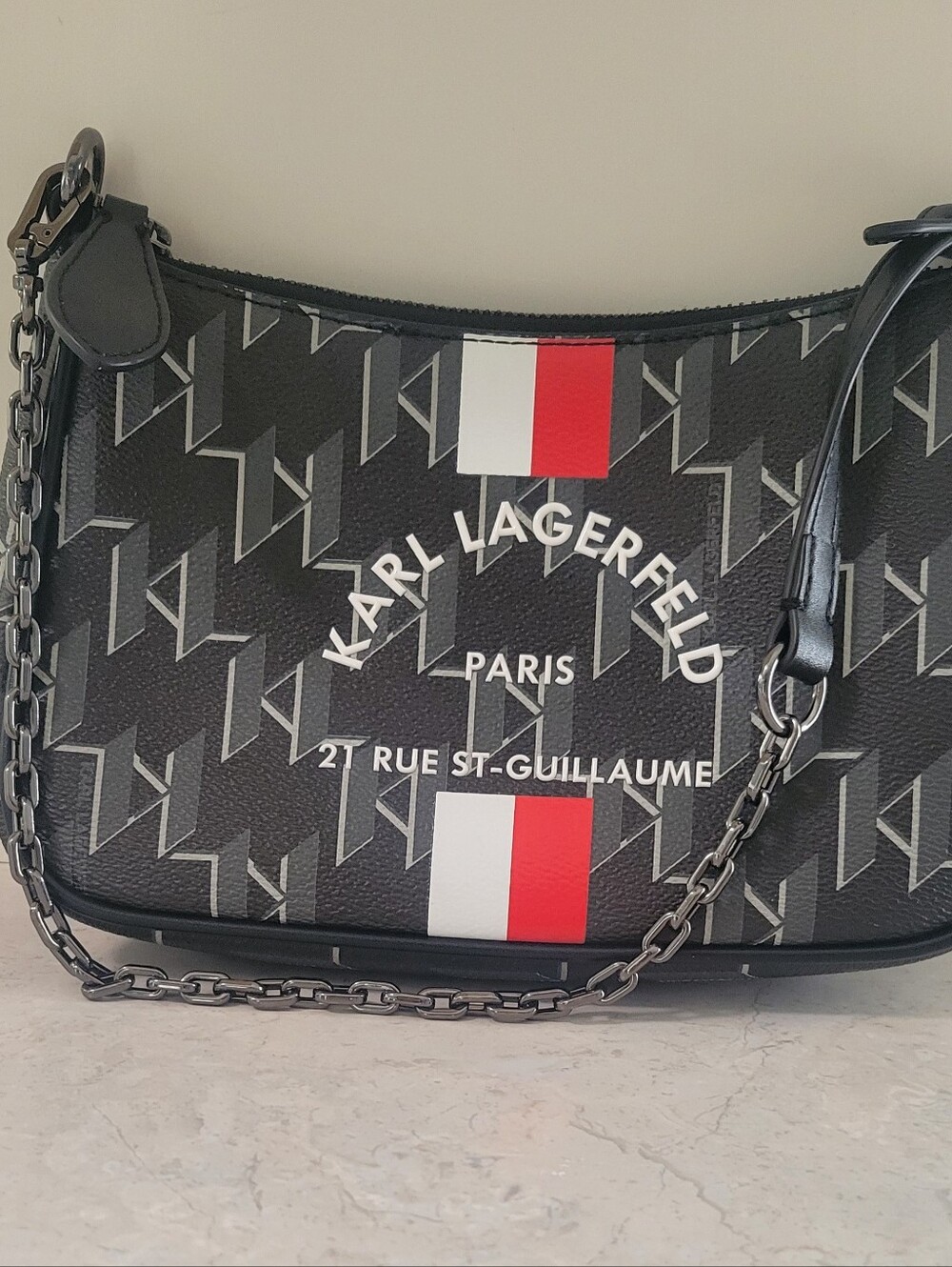 Karl Lagerfeld Black Handbag  with Red & White Center Stripe